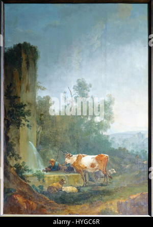 Cette œuvre, 'Casanova paysage Fontaine' de Lille, met en valeur un paysage serein avec une fontaine proéminente, mêlant nature et éléments architecturaux. La scène offre une vue paisible sur le plein air dans la ville française, reflétant l'harmonie entre les structures artificielles et la nature. Banque D'Images