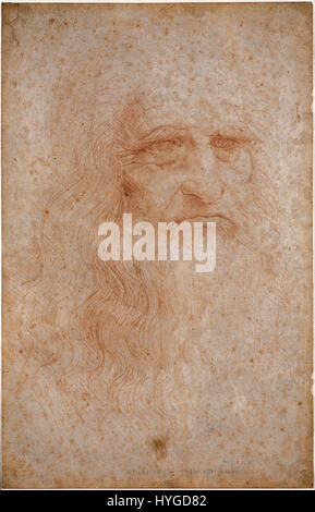 Cette image représente un autoportrait présumé de Léonard de Vinci, montrant un homme avec des traits compatibles avec la ressemblance connue de Léonard de Vinci. Bien que son authenticité ait été débattue, elle reste une représentation largement reconnue de l’artiste et polymathe de renom. Banque D'Images
