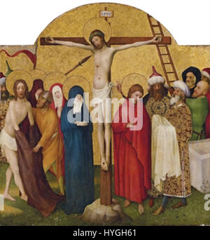 La Crucifixion, un panneau de l'autel de Heisterbach, attribué au Maître de l'autel de Heisterbach, un artiste de Cologne actif vers 1440-1450, milieu du XVe siècle. Banque D'Images