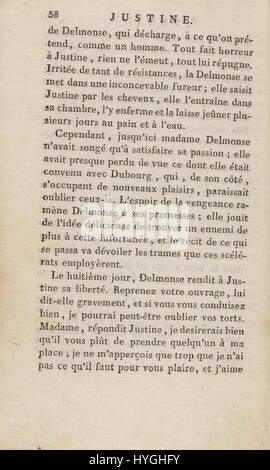 'Justine' du marquis de Sade, publié à l'origine en 1797, est un roman controversé connu pour ses thèmes de moralité, de souffrance et de dépravation humaine. L'histoire suit la protagoniste, Justine, alors qu'elle fait face à une série d'épreuves et de tribulations, l'œuvre reflétant les vues complexes de de de Sade sur la liberté et le pouvoir. Banque D'Images