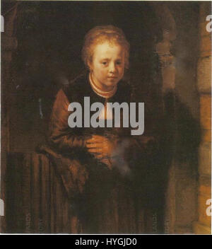 Rembrandt Girl leaning on a half open door Banque D'Images