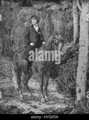 Karel Spillar, peintre tchèque, a créé « Dama na koni » (Dame à cheval), qui représente une femme à cheval dans une composition élégante mais dynamique. Le travail de Spillar est connu pour sa palette de couleurs vives et pour capturer le mouvement dans ses portraits et scènes historiques. Banque D'Images