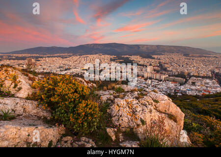 Vue d'Athènes depuis la colline du Lycabette au coucher du soleil, la Grèce. Banque D'Images