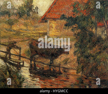 Dans 'L'Abreuvoir II' (1885), Paul Gauguin présente un paysage vivant avec un usage symbolique de la couleur et de la forme. Cette peinture reflète son style post-impressionniste précoce, en se concentrant sur la simplicité et la beauté de la vie rurale. Banque D'Images