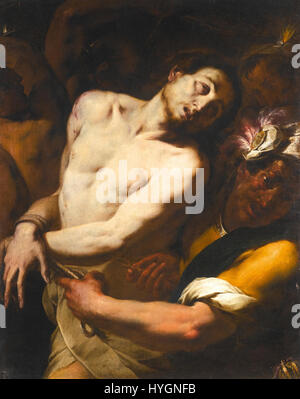 'Le couronnement aux épines' par le Maître de San Sebastiano Monti est une représentation de la scène biblique où Jésus est couronné d'épines avant sa crucifixion. L'œuvre reflète le style baroque, avec une composition dynamique et une utilisation dramatique de la lumière pour souligner la souffrance et l'humiliation du Christ. La scène capte à la fois l'intensité physique et émotionnelle de ce moment charnière dans Christian compris Banque D'Images