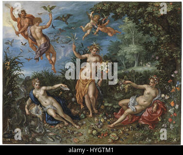 L'abondance et les quatre éléments de Jan Brueghel l'ancien et Hendrick de Clerck, peint en 1606, explore la représentation allégorique des quatre éléments classiques - la terre, l'air, le feu et l'eau - avec le thème de l'abondance. L'œuvre combine des détails complexes et une signification symbolique. Banque D'Images