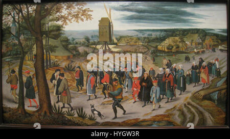 'La procession du mariage' est une peinture créée par Pieter Brueghel le jeune en 1623. Il représente un cortège rural de mariage, mettant en valeur les coutumes sociales de l'époque. L’œuvre reflète le souci du détail de Brueghel et sa capacité à capturer la vie quotidienne, en mettant l’accent sur les villageois et l’atmosphère festive. Banque D'Images