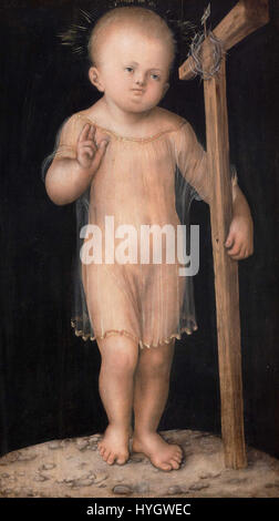 'Christ Child Blessing' de Lucas Cranach l'ancien, vers 1520, est une peinture représentant l'enfant Jésus offrant une bénédiction, tenue à Prague. Banque D'Images