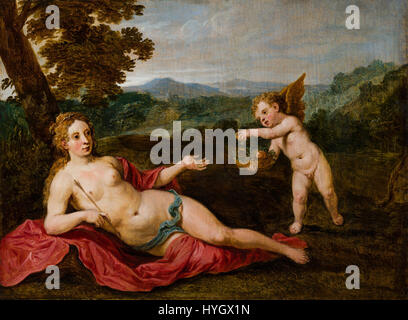 David Teniers le jeune la reproduction de Vénus et Cupidon de Paris Bordone dépeint les figures mythologiques Vénus et Cupidon dans un cadre classique, avec une représentation vibrante de l'amour et de la beauté de la Renaissance Banque D'Images