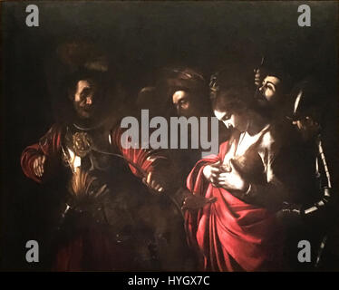 Le « martyre de Sainte Ursule » du Caravage représente la mort violente de Sainte Ursula, un martyr chrétien. Connu pour son utilisation dramatique de la lumière et de l’ombre, Caravage apporte une intense qualité émotionnelle à la scène, en se concentrant sur la souffrance et le sacrifice du saint. Banque D'Images