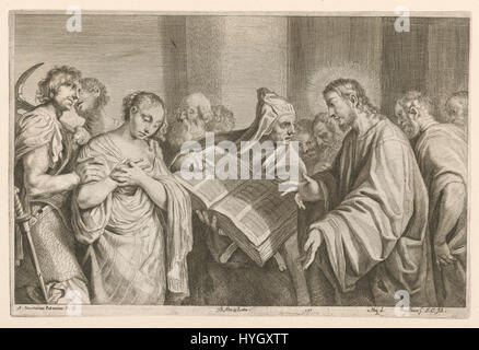 Cette peinture de Nikolaus van Hoy et Franciscus van der Steen dépeint la scène biblique du Christ pardonnant à la femme prise dans l'adultère, mettant en évidence les thèmes de la miséricorde et du pardon dans la doctrine chrétienne. Banque D'Images