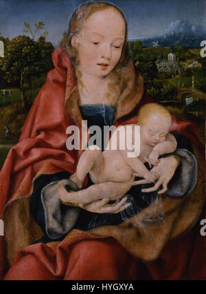« Madone and Child » de Joos van Cleve présente un portrait serein de la Vierge Marie avec l’enfant Jésus. Cette peinture de la Renaissance flamande est remarquable pour son attention aux détails, ses couleurs vibrantes et la représentation tendre et intime de la Sainte famille. L’œuvre reflète les thèmes religieux et les techniques artistiques du XVIe siècle. Banque D'Images