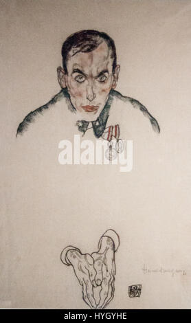 Ce portrait d’Egon Schiele, conservé au HGM (Historical Art Museum), reflète son style caractéristique d’expression émotionnelle intense et de travail au trait audacieux. Les portraits de Schiele explorent souvent les thèmes de la vulnérabilité, de l'identité et de la profondeur psychologique, faisant de lui une figure clé de l'expressionnisme autrichien. Banque D'Images