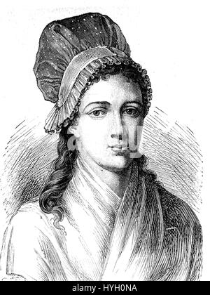 Ce document historique fait référence à la vie et aux actions de Charlotte Corday d'Armans, figure clé de la Révolution française. Née en 1768, elle est surtout connue pour l'assassinat de Jean-Paul Marat en 1793, acte qui a fait d'elle un symbole de l'activisme politique durant cette période agitée de l'histoire de la France. Banque D'Images