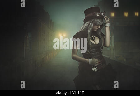 Steampunk woman in misty city.Dark photo manipulation Banque D'Images