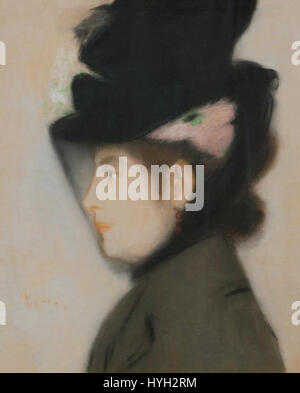 Le portrait d’une femme portant un chapeau noir des années 1890 capture la mode et l’élégance de l’époque. L'image met en valeur les textures détaillées et le style formel typique des portraits de la fin du XIXe siècle. Banque D'Images