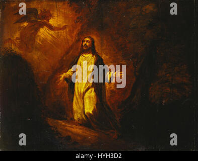 Cette peinture, « Christ dans le jardin de Gethsémani », d'après Titien, représente le moment biblique où Jésus prie dans le jardin avant son arrestation. L'œuvre capture la profondeur émotionnelle et le moment sacré de la souffrance du Christ. Banque D'Images