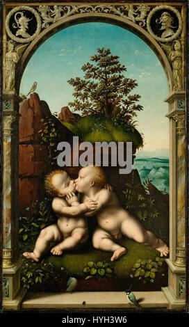 « Holy Infant embrassement » de Joos van Cleve présente un moment tendre entre l’enfant Jésus et sa mère, Marie. Connu pour sa maîtrise de la représentation de sujets religieux, le travail de van Cleve se caractérise par des détails complexes et une atmosphère sereine et dévotionnelle. Banque D'Images