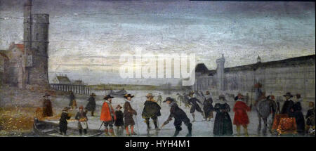 'Patineurs sur la Seine en 1608' est une image du musée Carnavalet à Paris, représentant des patineurs sur la Seine gelée. La scène capture un moment de loisir dans le Paris du XVIIe siècle, offrant un aperçu des traditions hivernales françaises du début. Banque D'Images