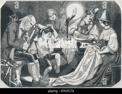 'Vergissmeinnicht', créé en 1849 par Spindler Trottl, représente une scène poignante symbolisant la mémoire et la perte, en utilisant le motif des oublies pour transmettre des nuances émotionnelles profondes. Banque D'Images