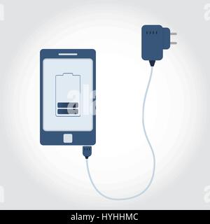 Téléphone branché sur le chargeur. Symbole de la batterie sur le moniteur montrant le niveau de charge. Illustration de Vecteur