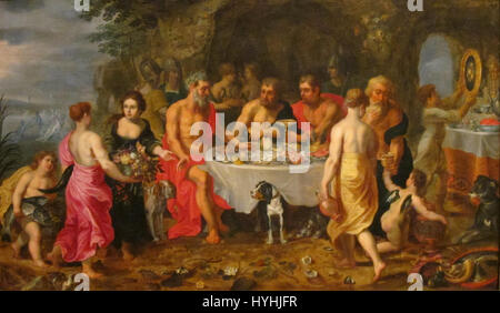 'La fête d'Achelous' est une peinture collaborative de Jan Brueghel le jeune et Hendrick van Balen, représentant une fête mythologique avec des détails vibrants. L'œuvre met en valeur l'attention de l'époque baroque pour les couleurs, les détails et les thèmes mythologiques. Banque D'Images