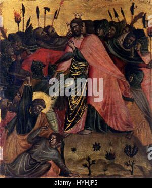 Le 'baiser de Judas' d'un artiste inconnu du XIVe siècle dépeint le moment biblique où Judas trahit Jésus avec un baiser, conduisant à son arrestation. La peinture reflète l'intensité dramatique de ce moment charnière dans la narration chrétienne. Banque D'Images