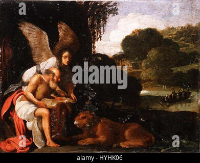 'Der heilige Hieronymus in der Wildnis' d'Adam Elsheimer représente Saint Jérôme dans la nature sauvage, un thème commun dans les religions Le travail d’Elsheimer est connu pour son utilisation de la lumière et de l’ombre, ajoutant une qualité mystique et introspective à la représentation de la solitude de Saint Jérôme. Banque D'Images