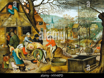 Cette peinture de Pieter Brueghel le jeune, intitulée 'les quatre saisons : automne', représente la saison des récoltes, capturant la vie rurale pendant la Renaissance. Connu pour ses représentations détaillées et vibrantes de la nature, le travail de Brueghel met l’accent sur le changement saisonnier et les thèmes agricoles. Banque D'Images