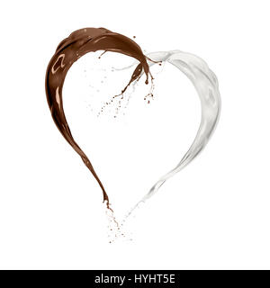 Le lait et le chocolat en forme de coeur d'éclaboussures des vagues, isolated on white Banque D'Images