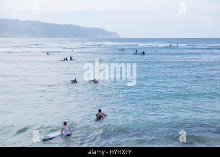 HALE'IWA, Oahu, Hawaii - 23 février 2017 : journée très occupée avec beaucoup de surfers et écoles de surf dans l'eau prendre des vagues à Haleiwa Oahu Hawaii. Banque D'Images