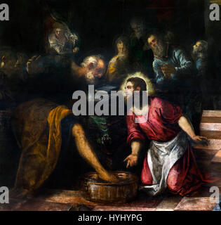 Le Christ lavant les pieds des disciples de Jacopo Tintoretto (c.1518-1594), huile sur toile, c.1575-80. Détail d'une peinture, plus HYHYPK. Banque D'Images