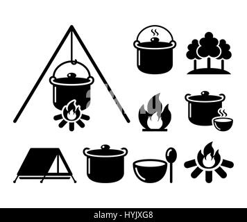 La cuisson sur un feu de camp, cuisine, randonnée pédestre icons set Illustration de Vecteur