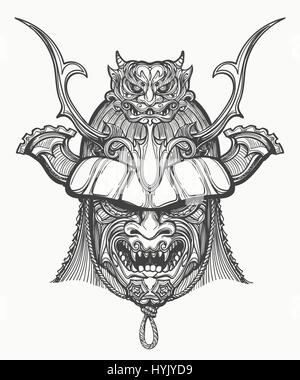 Masque de samouraï hand drawn vector illustration. Martiaux traditionnels japonais masque. Le noir et blanc isolé sur blanc. Illustration de Vecteur