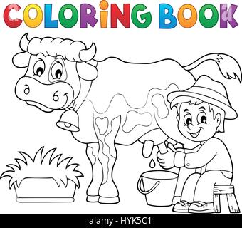 Livre de coloriage agriculteur vache laitière - eps10 vector illustration. Illustration de Vecteur