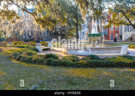 Savannah, Géorgie. Fontaine du mémorial allemand, Orleans Square. Tillandsia usneoides Moss (espagnol) dans les arbres. Banque D'Images