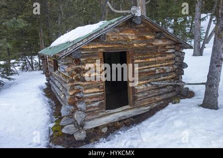 Ancienne cabine rustique Pioneer en bois de bois en rondins dans une forêt enneigée. Paysage d'hiver des montagnes Rocheuses canadiennes Parc national Banff Banque D'Images