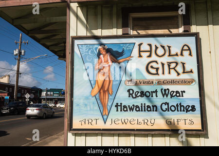 La Hula Girl, vêtements la boutique sign, Kapa'a, Kauai, Hawaii, USA Banque D'Images