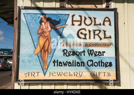 La Hula Girl, vêtements la boutique sign, Kapa'a, Kauai, Hawaii, USA Banque D'Images