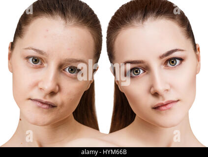 Jeune femme avant et après le maquillage. Banque D'Images