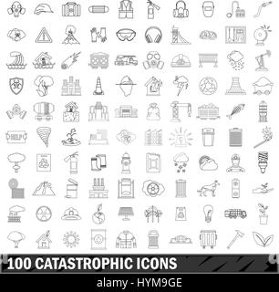 100 icons set catastrophique style du contour, Illustration de Vecteur