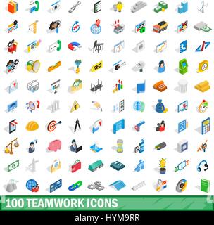 100 d'équipe icons set, style 3D isométrique Illustration de Vecteur