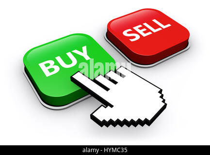 Icône Main cliquant sur Acheter ou vendre en ligne un bouton web concept vendre et acheter 3D illustration. Banque D'Images