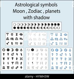 Des symboles astrologiques de la lune, les planètes, le zodiaque, avec ombre Illustration de Vecteur