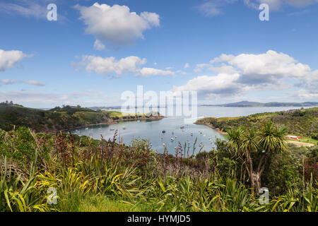 L'île de Waiheke, Auckland, Nouvelle-Zélande, avec vue sur le mont de Rangitoto. Banque D'Images