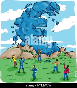 Symbole de l'euro dans l'écrasement de la crise européenne avec les gens Illustration de Vecteur