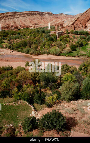 Le village berbère de Achahoud se trouve dans l'oasis verte de la vallée d'une rivière entourée par le désert aride paysage de montagnes de l'Atlas du Maroc. Banque D'Images