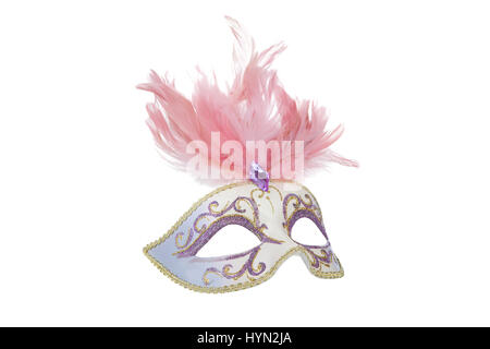 Beau masque de carnaval avec plumes roses, isolated on white Banque D'Images