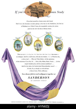 1953 La publicité pour le papier peint et tissus Sanderson. Banque D'Images