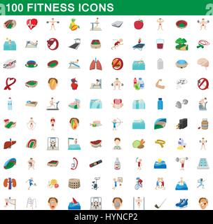 100 icônes de remise en forme, jeu de style cartoon Illustration de Vecteur
